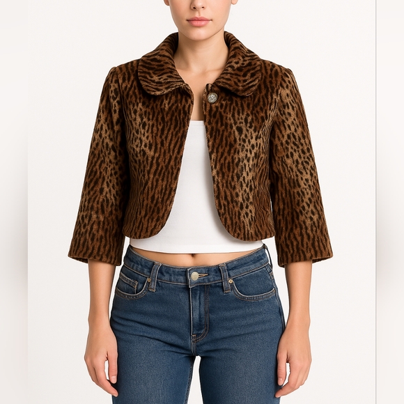 G by Guess Jackets & Blazers - GUESS L Cropped Fur Lined Blazer Jacket Flared 3/4 Sleeve Y2K Retro Animal Print